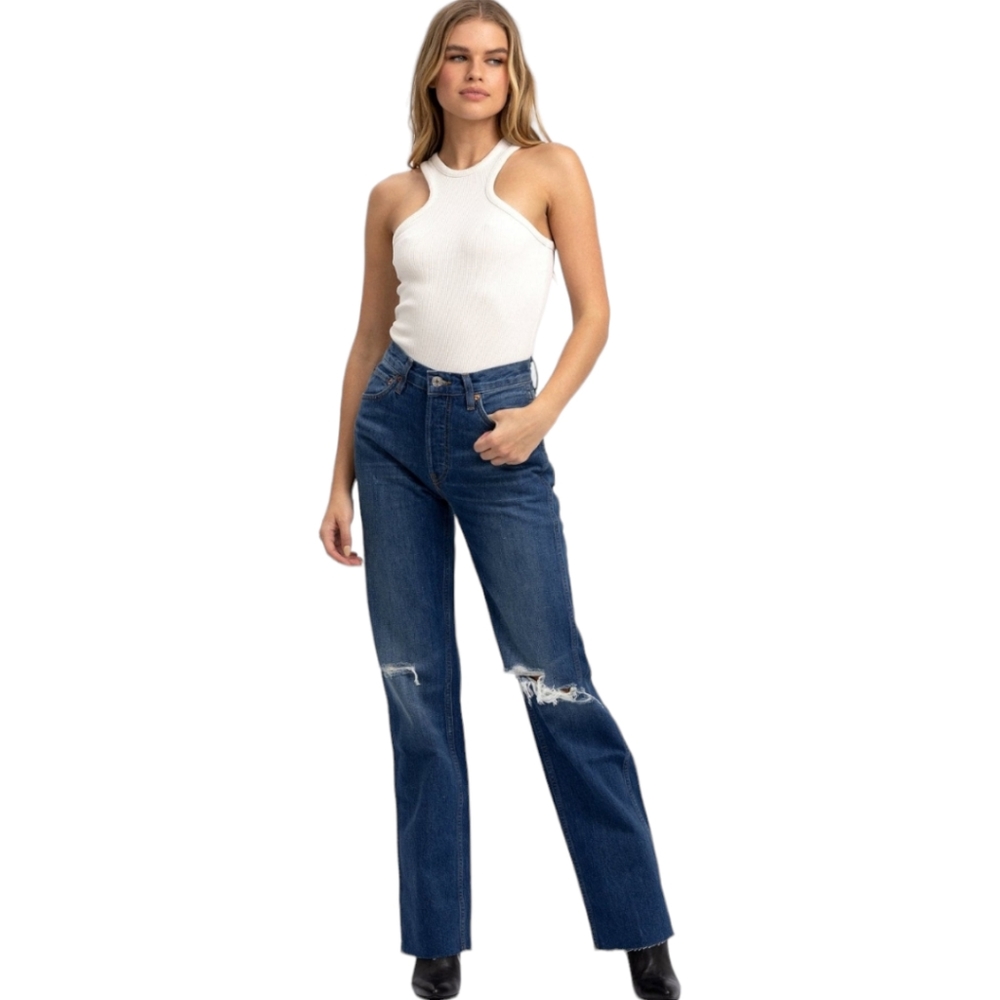RE/DONE Originals Vintage 90s Wide Leg Distressed Trim Blue Denim Jeans Size 30
